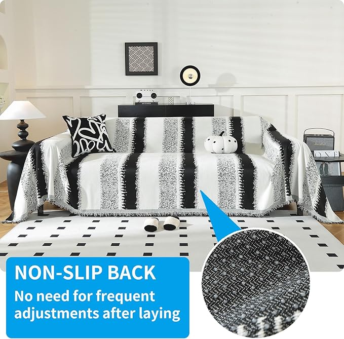 LUFEIJIASHI Boho Couch Covers for Sofa Non Slip Sofa Covers Washable Couch Covers for 3 Cushion Couch Sofa Pet Friendly Sectional Couch Cover Blanket Furniture Protector for Dogs (Black, 71"x118")