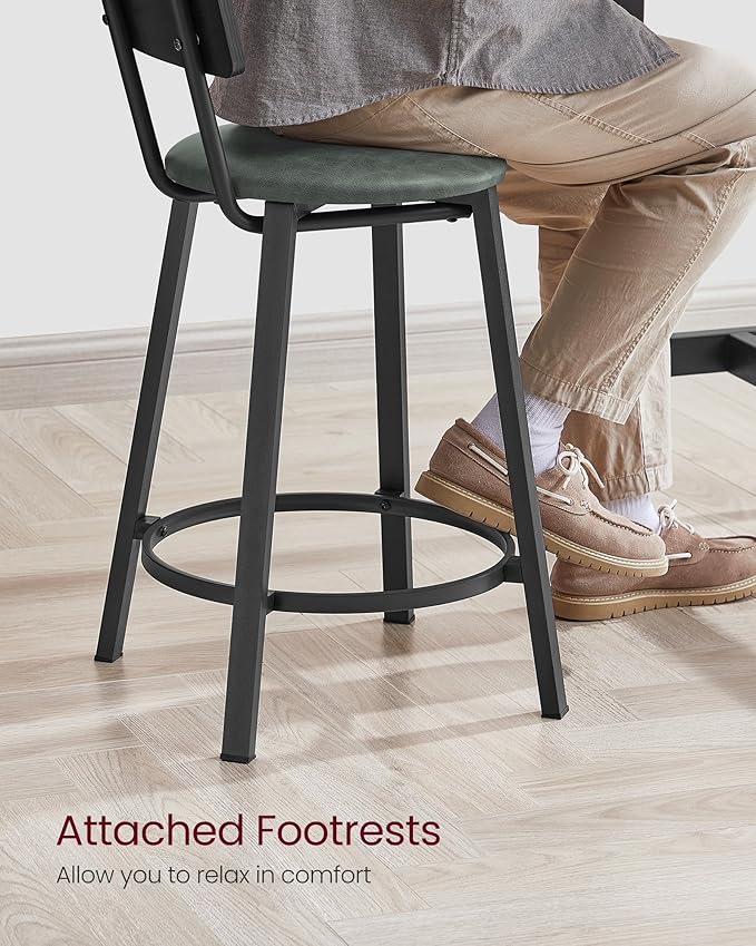 VASAGLE Bar Stools, Set of 2 PU Upholstered Breakfast Stools, 29.7-Inch Barstools with Back and Footrest, Simple Assembly, for Dining Room Kitchen Counter, Classic Black and Forest Green ULBC059C01
