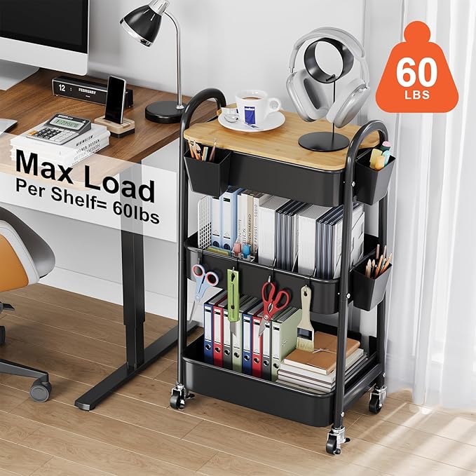 3 Tier Metal Rolling Cart with Wheels and Wooden Table Top, Three Tiered Craft Cart Organizer on Wheels, Black Storage Utility Carts for Art, Diaper Caddy, Baby Nursery, Office, Laundry, Snack, Book