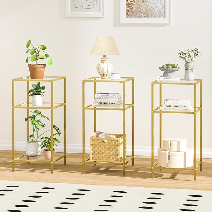Homhedy 3-Tier Side Tables Set of 2, End Tables with Tempered Glass, Nightstands with Storage Shelves, Slim Sofa Tables for Living Room, Bedroom (2, Golden)