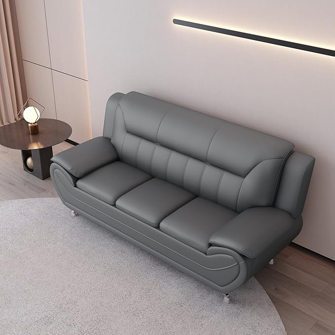 Container Furniture Direct Michael Modern Faux Leather Upholstered Stainless Steel Legs Living Room Sofa, Chair, Sleek Gray