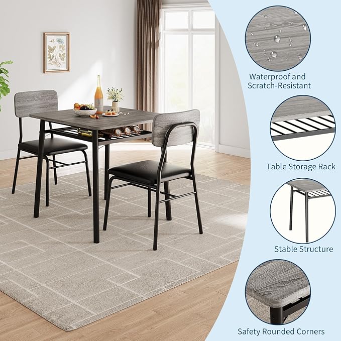 IDEALHOUSE 3-Piece Dining Table Set for 2 with Storage Rack, Wood Kitchen Table with Upholstered Chairs Set of 2, Small Square Table Set with Metal Legs Support, for Dining Room,Living Room