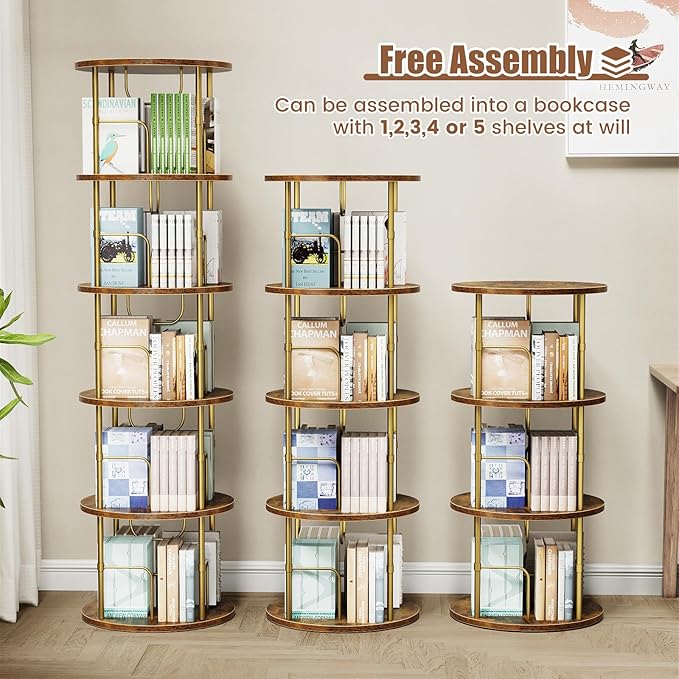 5 Tier Rotating Bookshelf, 360 ° Display Stackable Spinning Bookshelf Tower, Narrow Space Saving Tall Floor Standing Swivel Bookcase Corner Storage Organizer for Bedroom, Living Room, Gold