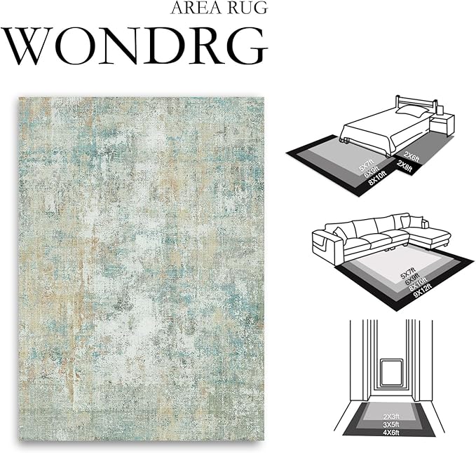 8x10 Washable Area Rug Teal Beige Modern Neutral Abstract Living Room Bedroom Indoor Floor Carpet Low Pile Soft Non-Slip Lightweight Vacuumable Large Throw Rug for Nursery Dining Room