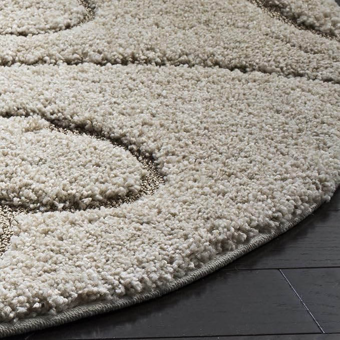 SAFAVIEH Florida Shag Collection 4' Round Beige/Blue Grey SG455 Scrolling Vine Graceful Swirl Textured Non-Shedding Living Room Bedroom Dining Room Entryway Plush 1.2-inch Thick Area Rug