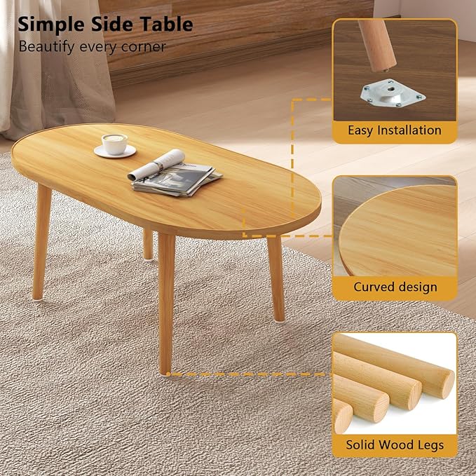 Oval Coffee Table Low Table with 4 Solid Wood Sturdy Legs, Floor Table Desk for Sitting on The Floor, Storage and Living Room Furniture (Natural)