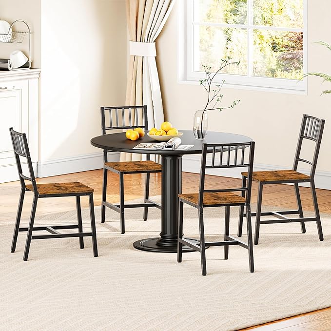 HOOBRO Kitchen Chairs Set of 2, Wooden Dining Room Chairs with Metal Frame, Dining Chairs with Back, Easy to Assemble, Farmhouse Dining Chairs for Kitchen, Living Room, Rustic Brown and Black BF39CD01