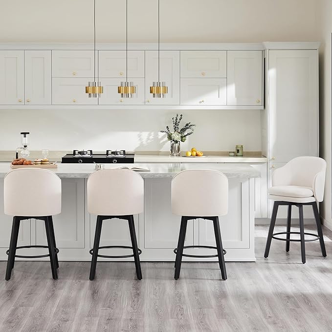 Counter Height Barstools 26 inch Upholstered Swivel Bar Stools with Back and Wood Legs for Kitchen Island,Set of 2,Beige Fabric