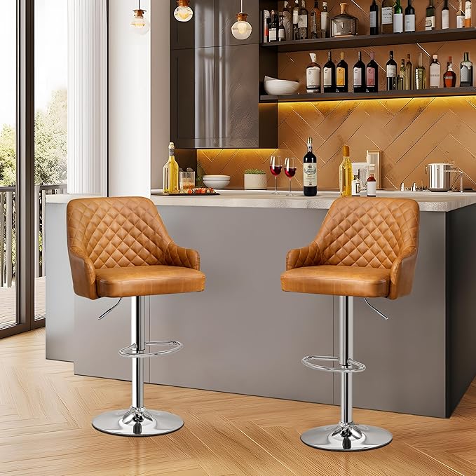 VECELO Bar Stools Set of 2, Modern PU Leather Adjustable Bar Stools with Back, 360° Swivel Bar Height Stools for Kitchen Counter Island, X-Large Size