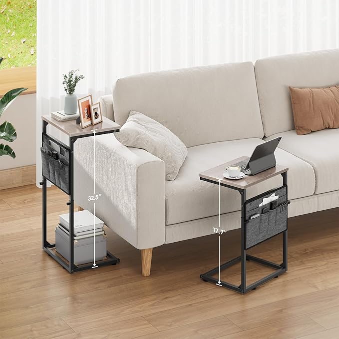 Vagusicc C Shaped End Table, Set of 2 Tall Side Table for Couch, Adjustable Height Small Couch Side Table for Small Spaces, End Table Slide Under Sofa Table TV Tray Arm Table for Living Room, Grey