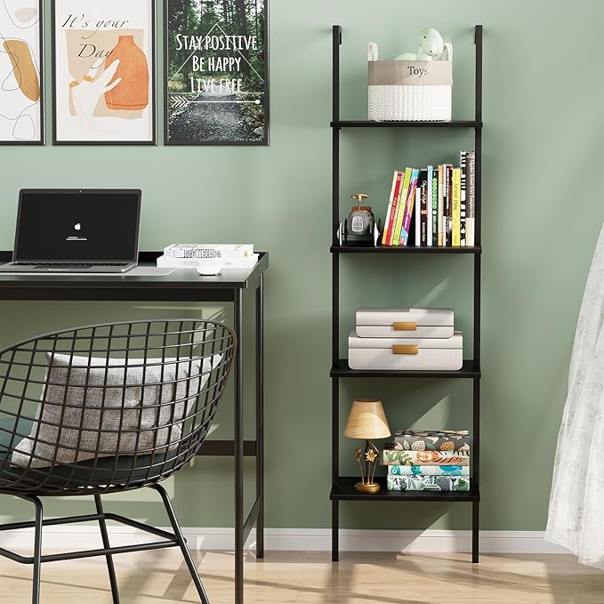 Ladder Shelf 4 Tiers Metal Industrial Bookshelf,Black Wooden Tall Open Storage Rack and Display Shelves,Wall Mount Wide Book Case for Home Office Bedroom,Small