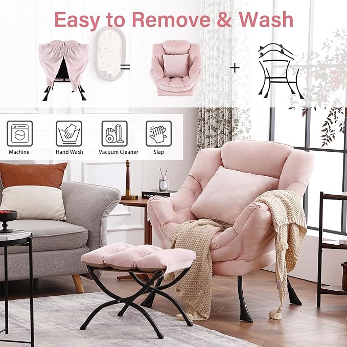 Large Lazy Chair with Ottoman, Accent Reading Chair with a Throw Pillow, Cozy Lounge Armchair, Leisure Sofa Chair for Living Room, Bedroom, Dorm, Velvet Pink