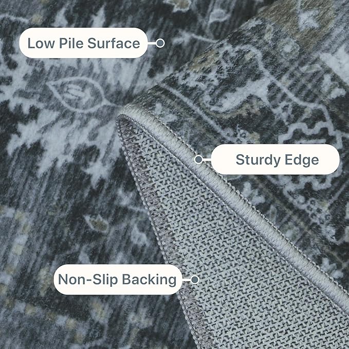 GENIMO 2'6''x14 Runner Rugs for Hallway, Machine Washable Non Slip Vintage Rugs, Low Pile Lightweight Soft Print Rug for enrtyway, Corridor, Home Office, Kitchen,Dark Gray