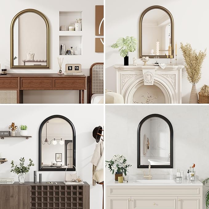 Axeman 22x30 Arched Wall Mirror, Decorative Bathroom Mirror, Traditional Vintage Wall Mounted Mirror with Beaded Frame for Accent Living Room Vanity Bedroom Entryway, Black