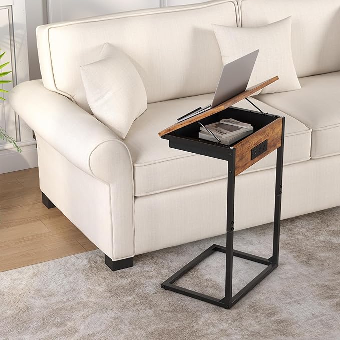 C Shaped End Table with Charging Station, 45° Tiltable Adjustable Flip Top Table with Storage,Small C Table for Small Spaces,Slide Under Couch Sofa Bedside Table for Living Room,Rustic Brown