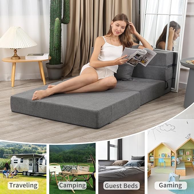 Futon Sofa Bed, High-Density Memory Foam Couch with Fluffy Pillow, Folding Floor Guest Bed, Twin Size, Dark Grey