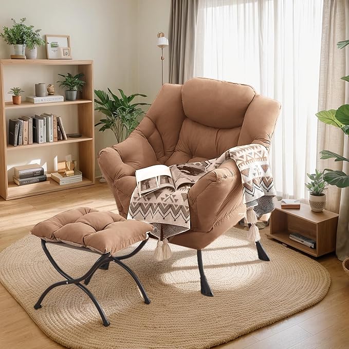 Large Lazy Chair with Ottoman, Accent Reading Chair with a Footrest, Cozy Lounge Armchair, Leisure Sofa Armchair for Living Room, Bedroom, Dorm Room, Office