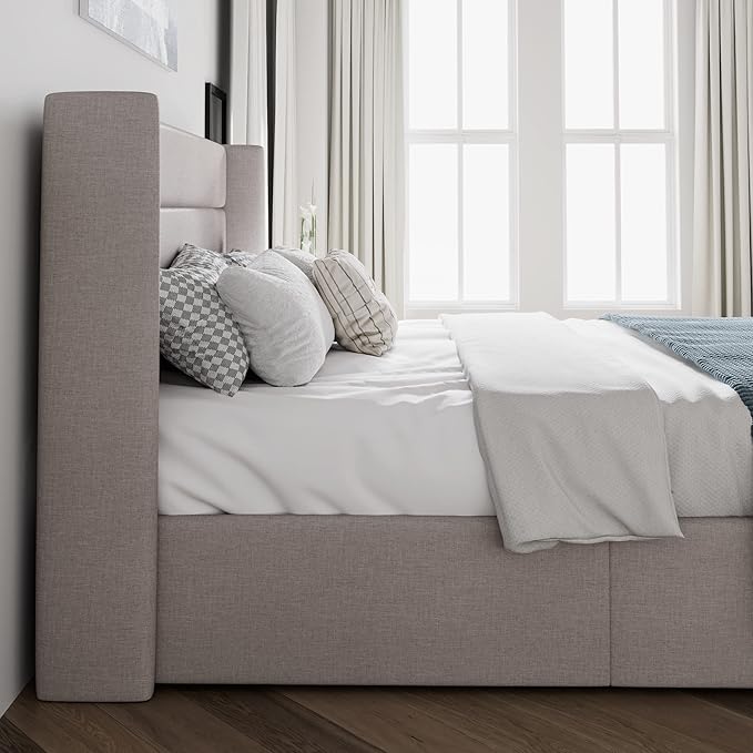 SHA CERLIN Full Size Lift Up Storage Bed/Modern Wingback Headboard/Upholstered Platform Bed Frame/Hydraulic Storage/No Box Spring Needed/Wood Slats Support/Light Beige