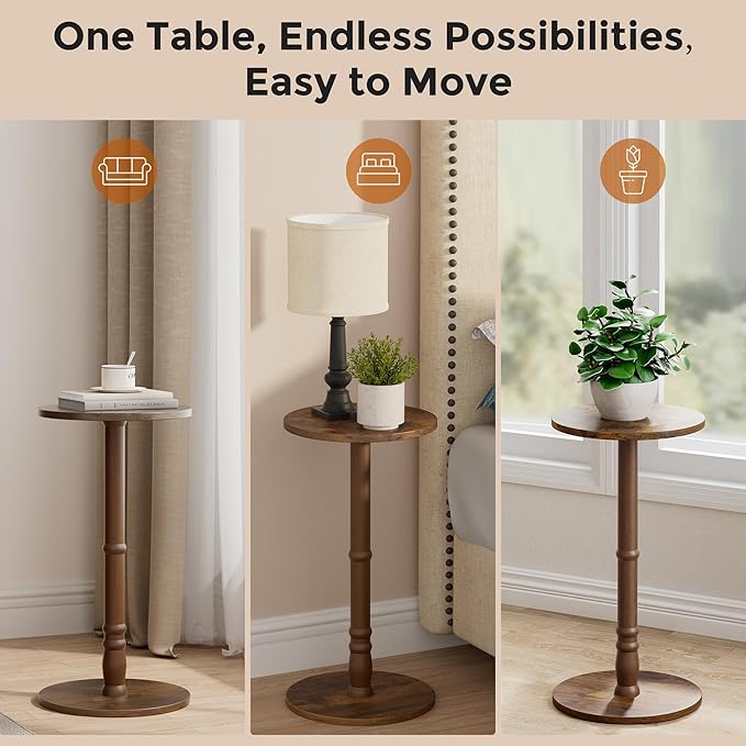 Round Side Table, Solid Wood Pillar with Wood Top & Base, Small Drink Accent Table for Living Room, Bedroom, Sofa & Office, Easy Assembly, Rustic Brown