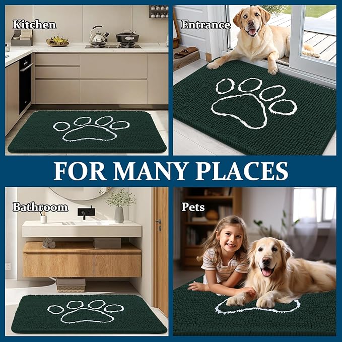 OLANLY Door Mat for Muddy Dog Paws 48x30, Absorbent Chenille Mud Doormat with Paw Print Design, Non-Slip Washable Doormat for Indoor Entryway, Quick-Dry Pet Bed Mats for Dirty Dogs, Blackish Green