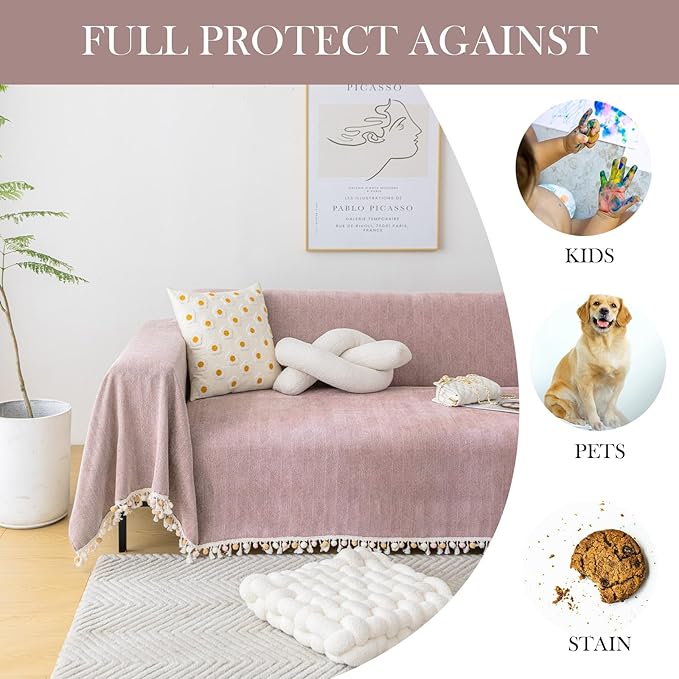 HANDONTIME Solid Boho Sofa Cover for 3 Cushion Couch - Pink-Purple Chenille Throw With Tassels for Dogs, 91" X 134", Mauve