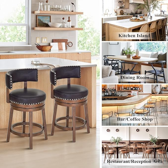 COLAMY Swivel Bar Stool, Modern Swivel Barstool with Back, Counter Height Bar Stools, 25 Inch Upholstered Wood Barstool for Kitchen Island Dining Room Bar, Dark Brown