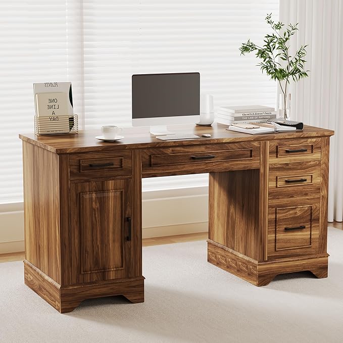 Executive Office Desk, Farmhouse 58" Office Desk with Storage, Wood Executive Computer Desk with Keyboard Tray, File Drawer, Storage Cabinet for Home Office Remote Work-Brown Wood