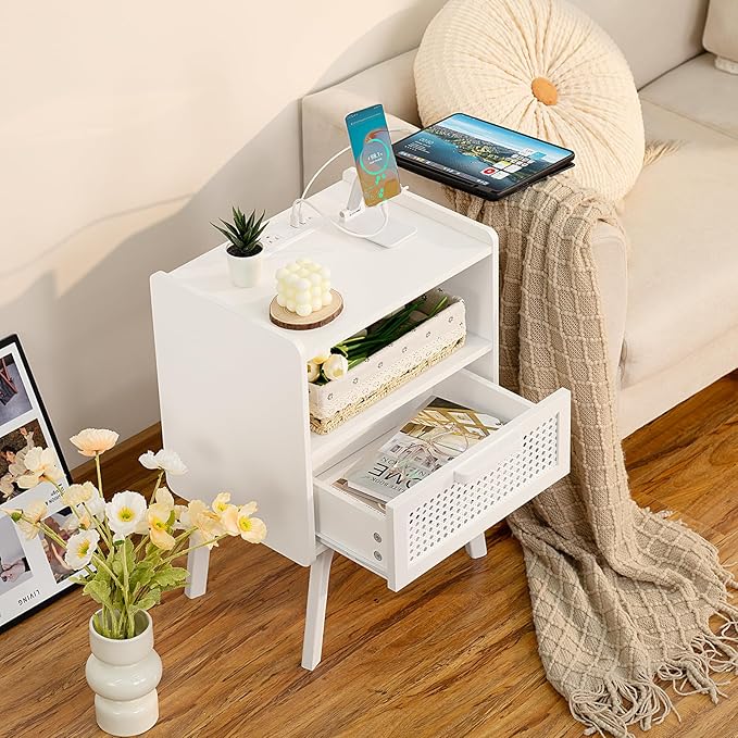 Lerliuo Rattan Nightstand with Charging Station, Side Table with Drawer Open Shelf, Cane Accent Bedside End Table with Solid Wood Legs, Night Stand for Bedroom, Dorm and Small Spaces (White)