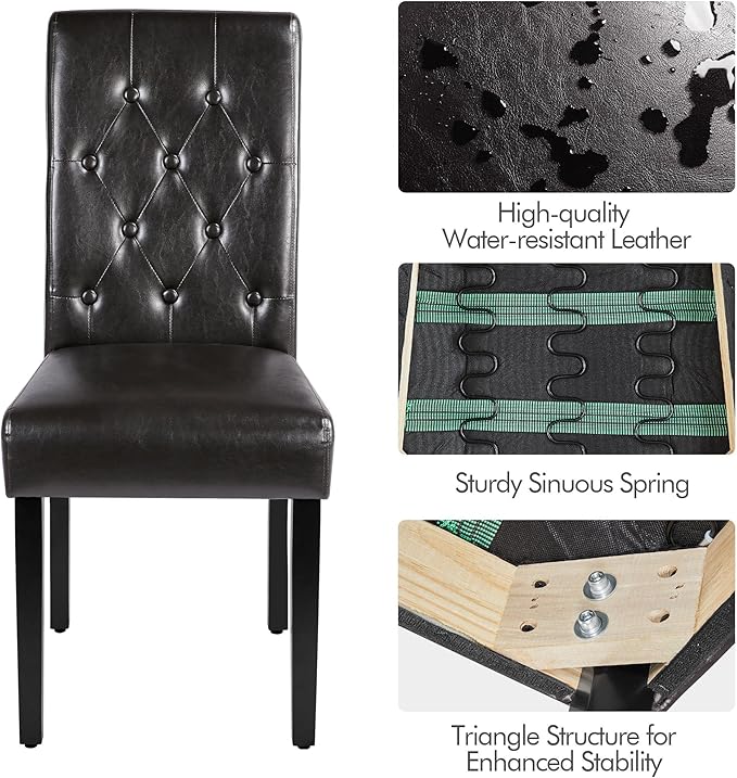 Yaheetech Dining Chairs Set of 2 Modern Style Faux Leather Dining Room Chairs with Solid Wood Legs and Button Tufted Padded for Home Kitchen, Brown