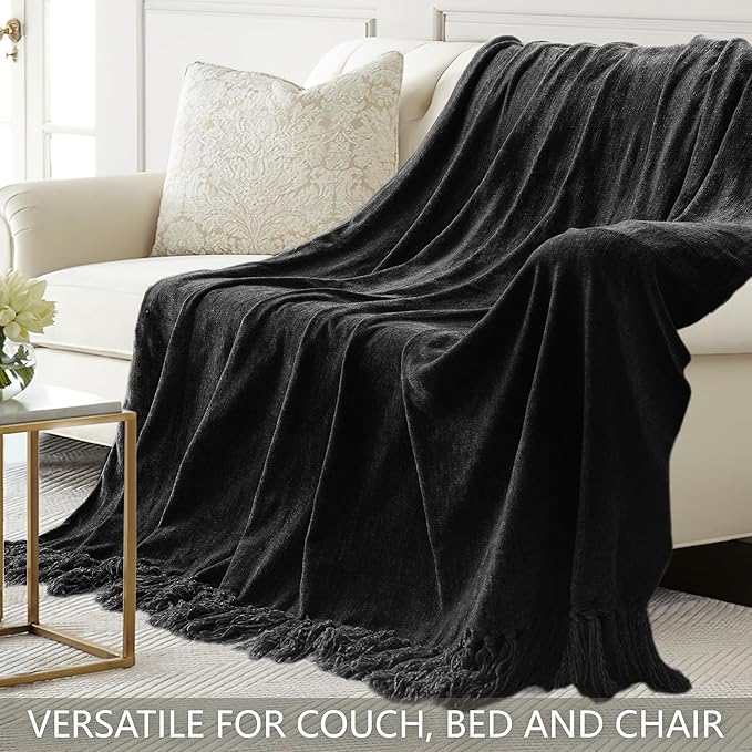 Chenille Throw Blanket for Couch 50"X 60", Soft Cozy Throws with Fringe Tassel for Bed Sofa Chair Cover, Lightweight Knitted Decorative Boho Blankets for Living Room, Black