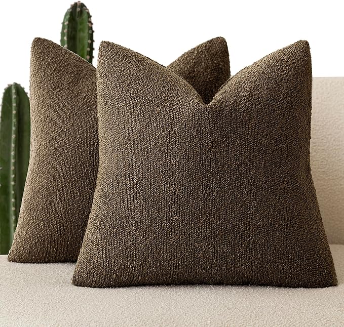 Foindtower Pack of 2 Textured Boucle Throw Pillow Covers Accent Solid Pillow Cases Cozy Soft Decorative Couch Cushion Case for Chair Sofa Bedroom Living Room Home Decor 18x18 Inch Chocolate