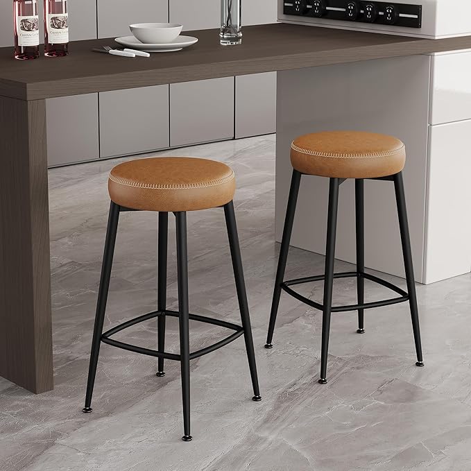 Counter Height Bar Stools, 26" H Backless Bar Stools Set of 4, Upholstered Faux Leather Kitchen Counter Stools, Mid Century Modern, Kitchen Island Home Bar, Pub, Caramel Brown