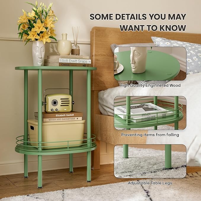 Round Side Table Set of 2,Bedside Table with Storage, Morden Round Nightstand, Samll Side Table for Living Room，Bathroom，Bedroom, Nursery, Laundry, Green