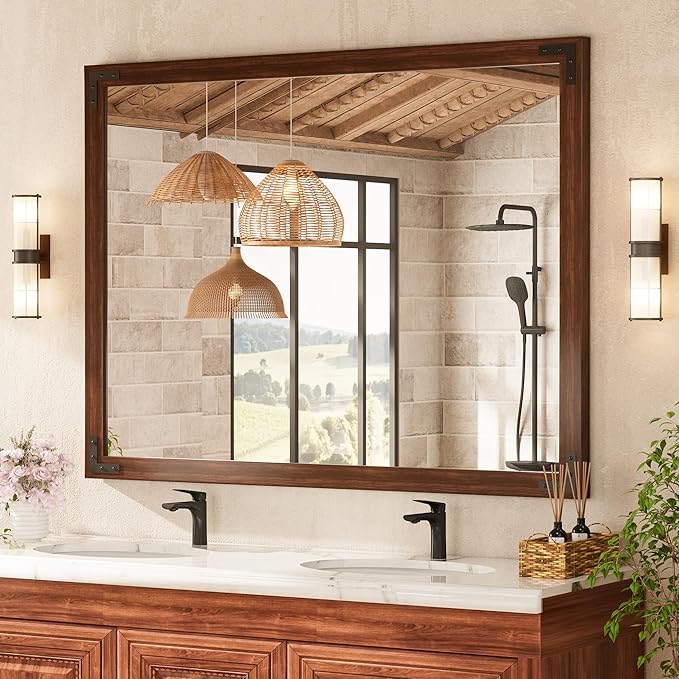 TETOTE 48 x 36 Walnut Wood Framed Mirror for Bathroom Wall/Bedroom/Living Room/Entryway Farmhouse Rustic Bathroom Vanity Mirror for Wall Waterproof (Horizontal/Vertical Mounted)