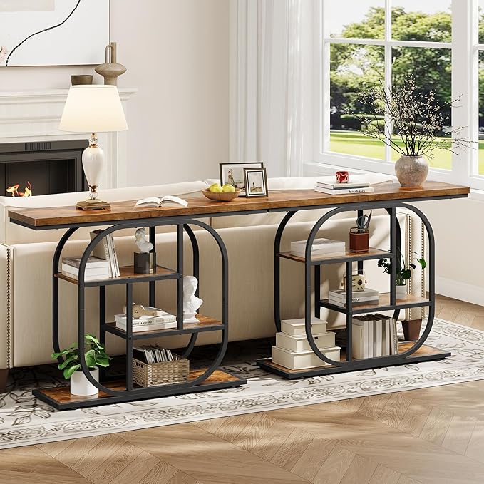 HOOBRO 43.3" Console Table, 4-Tier Sofa Table, Industrial Entryway Table, Behind Couch Table, Accent Table with Storage Shelf for Entryway, Foyer, Living Room, Bedroom, Hallway, Rustic Brown BF65XG01
