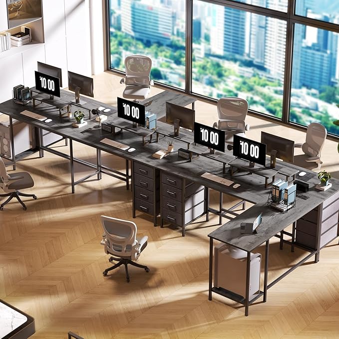 66" L Shaped Computer Desk, 94.4'' Home Office Desk with Power Outlets, 4 Adjustable Storage Drawers & 2 Monitor Stands, Large Two Person Gaming Table for Writing Study, Grey