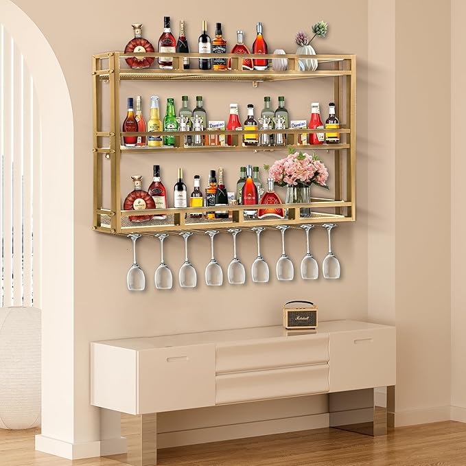 Metal Wine Rack Wall Mounted, Bar Shelves for Liquor Bottles with LED Light, 3 Tier Large Capacity Liquor Rack Wall Mounted with Glass Holder for Home Bar & Dining Room （Gold, 79in/200cm）