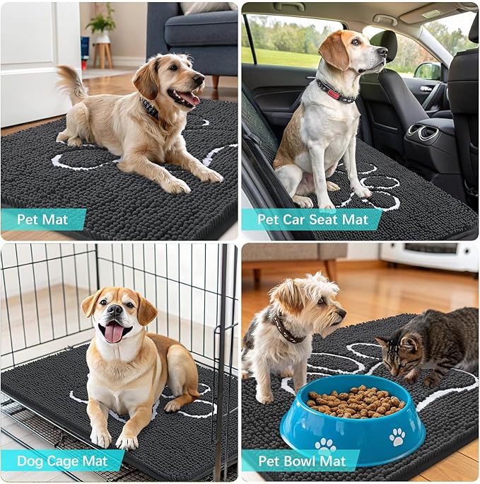 OLANLY Door Mat for Muddy Dog Paws 36x24, Ultra Absorbent Chenille Mud Doormat with Paw Print Design, Non-Slip Washable Doormat for Indoor Entryway, Quick-Dry Pet Bed Mats for Dirty Dogs, Dark Grey