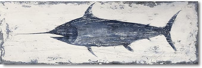Yihui Arts Nautical Canvas Wall Art Animal Pictures Hand Painted Swordfish Paintings Ancient Ocean Seascape Coatal Artwork for Living Room Decoration