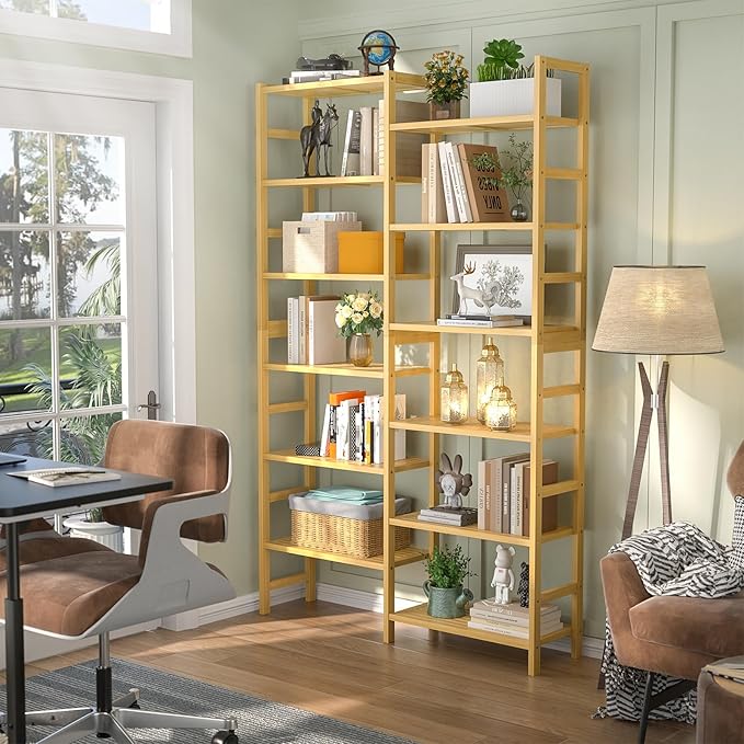 Homykic Double Wide Bamboo Bookshelf, 6-Tier Large Open Bookcase with 12 Display Shelves, 6ft Tall Freestanding Book Shelf for Home Office, Bedroom, Living Room, Plants, Natural