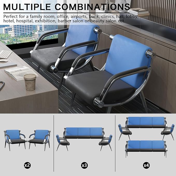 wonline 5 Seat Waiting Room Chair with Armrest PU Leather Office Furniture, Office Guest Seating Lobby Conference Reception Chairs for Airport Clinic Hospital Bank Salon Barber(Blue&Black)