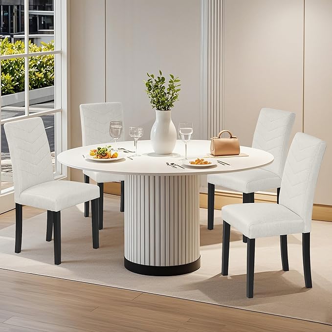 VECELO Upholstered Dining Chairs Set of 4, Fabric Wood Legs High Back for Kitchen Living Room, Beige