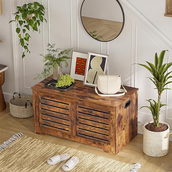 DINZI LVJ Storage Chest, Flip-Top Wooden Toy Box with 2 Safety Hinges, Retro Entryway Shoe Storage Bench, Sturdy Large Storage Trunk for Living Room, Bedroom, Easy Assembly, Rustic Brown