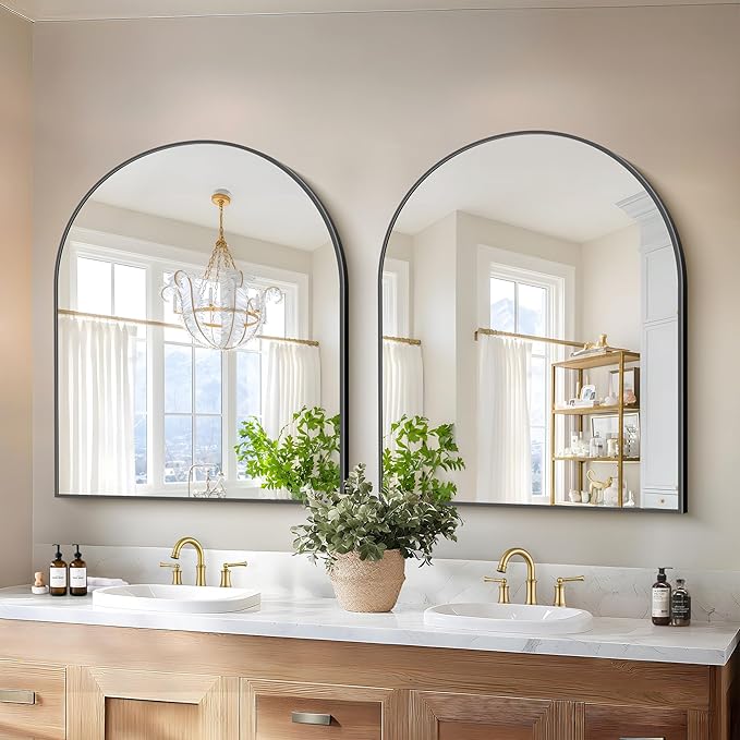 Black Arch Mirror, 30’’x36’’ Black Mirror for Bathroom, Wide Arched Bathroom Mirror with Metal Wall Mounted Mirror for Bedroom Living Room Entryway Modern