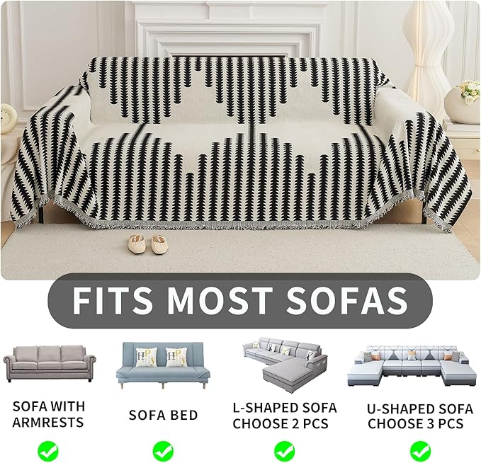 HAOMAIJIA Boho Sofa Covers Couch Covers for 3 Cushion Couch Sofa Pet Friendly Soft Thick Non Slip Couch Cover for Dogs Washable Sectional Couch Covers L Shape Furniture Protector (Black, 91"x134")