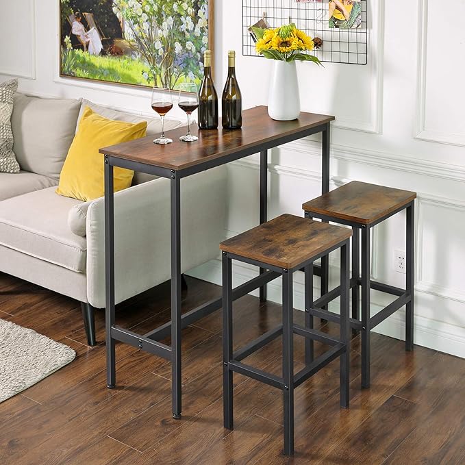 VASAGLE Bar Table, Narrow Long Kitchen Dining Table, Sturdy Metal Frame, Industrial, 15.7 x 39.4 x 35.4 Inches, Rustic Brown and Ink Black ULBT10X