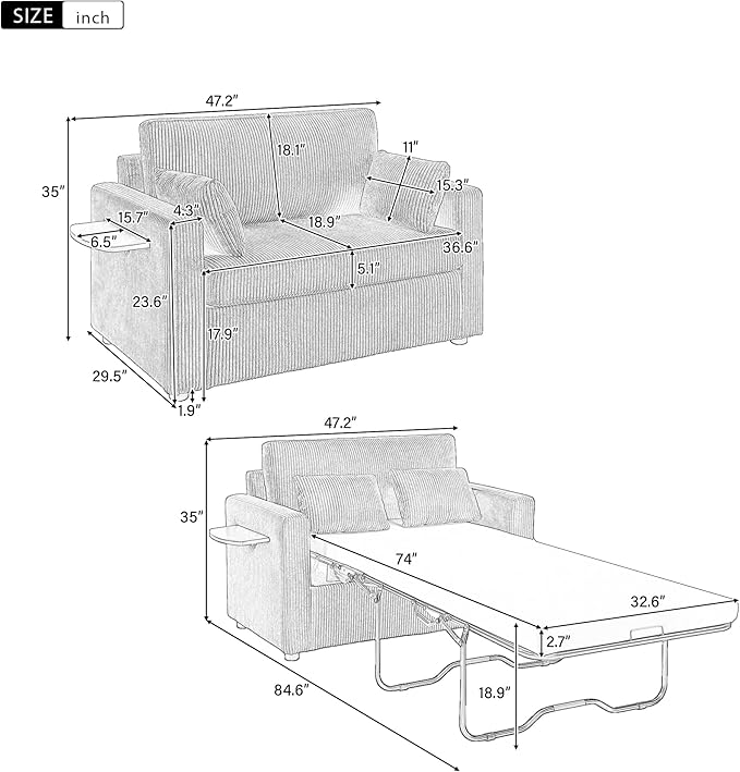 Twin Size Sofa Bed 47.2" Sleeper Sofa Loveseat Sofa with a Foldable Mattress, a Foldable Side Table, a Side Storage Pocket and Two USB Ports for Living Room, Grey-Brown