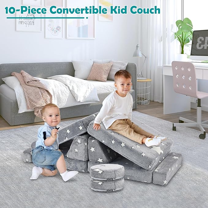 10Pcs Kids Play Couch,Toddler Sofa,Modular Kids Couch for Playing, Creativing, Sleeping (Luminous Color)