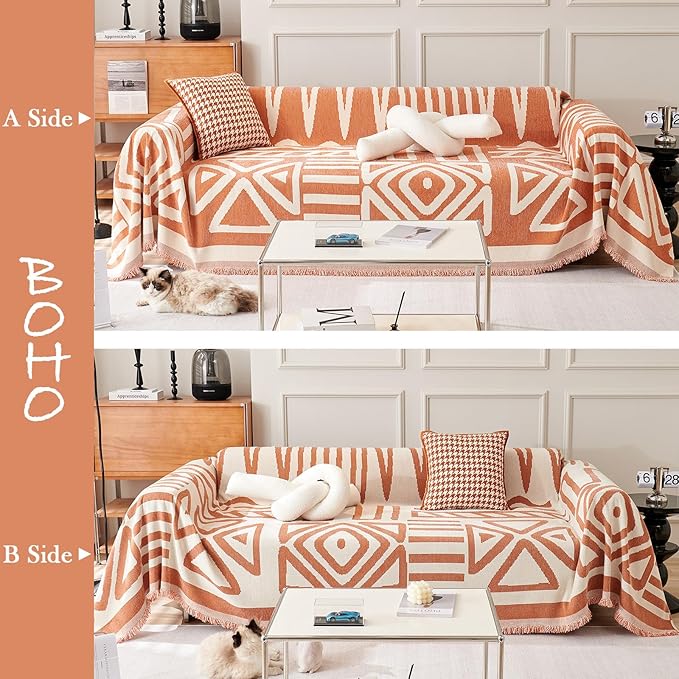 HANDONTIME Orange Sofa Covers for Couch Loveseat Covers Soft Chenille Couch Cover for Dogs Sofa Covers for 3 Cushion Couch Boho Sofa Throw Cover Pet Couch Furniture Protector Thick Washable 71" X134"
