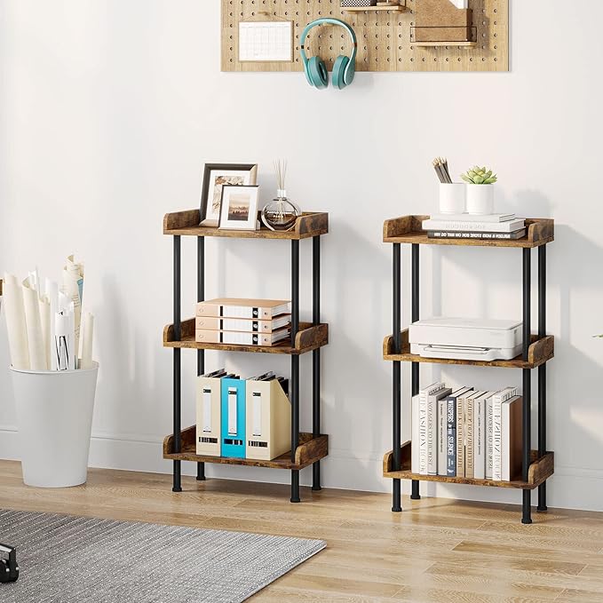 Hosfais Bookshelf Small Book Shelf, 3 Tier Wood Bookcase Industrial Bookshelf Metal Standing Book Shelves Display Book Rack for Living Room Bedroom Home Office (Rustic Brown)
